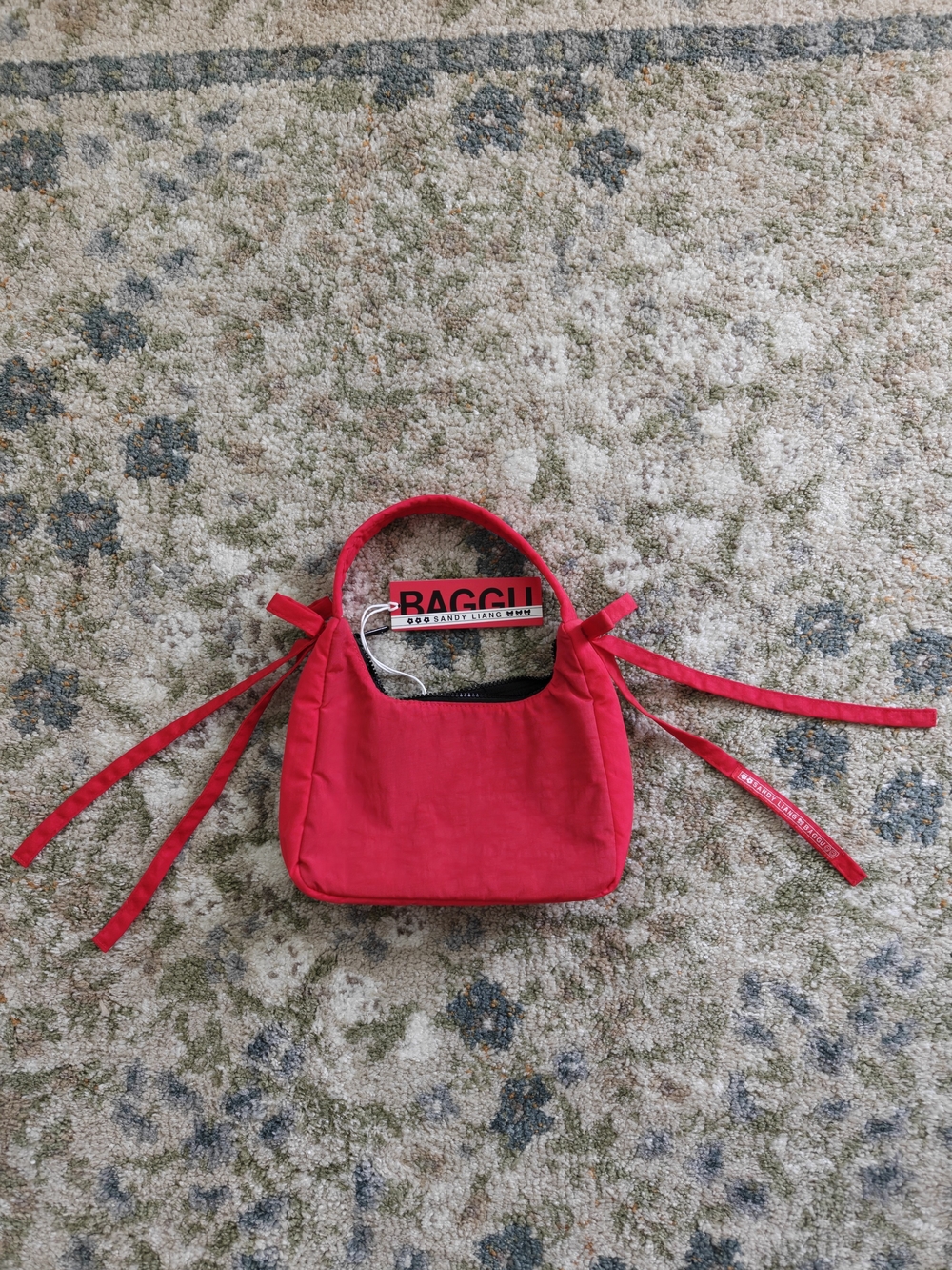 BAGGU Bright Red Mini Shoulder Bag with Tie Details